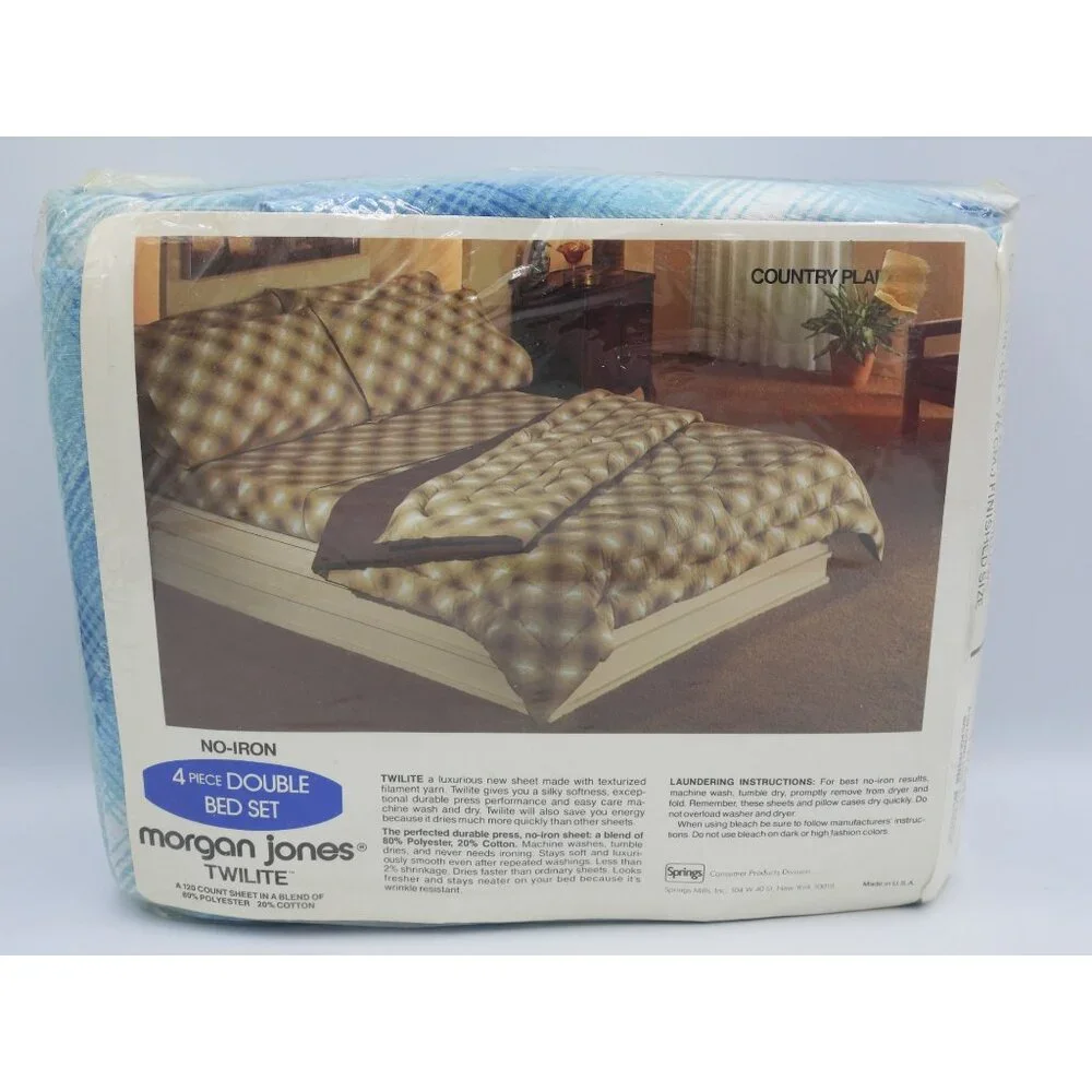 NEW Vintage Morgan Jones TWILITE Double Sheet Set Blue Plaid Sheet Pillow Cases